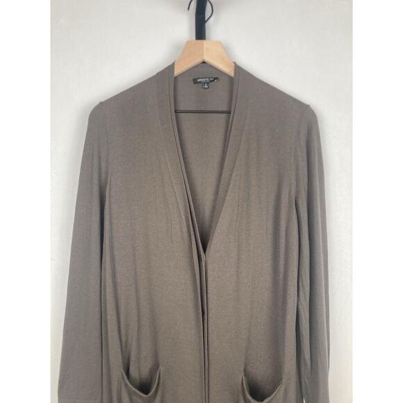 Lafayette 148 Long Cardigan 100% Wool Sz L Brown V-Neck Button Front Pockets - Picture 2 of 10